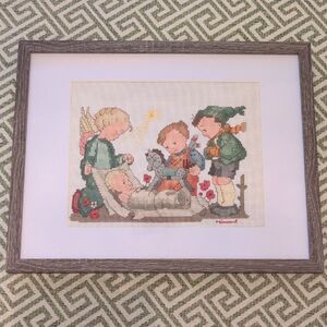 Framed Hummel Cross-Stitch Art Nativity Angel Scene Handmade Vintage